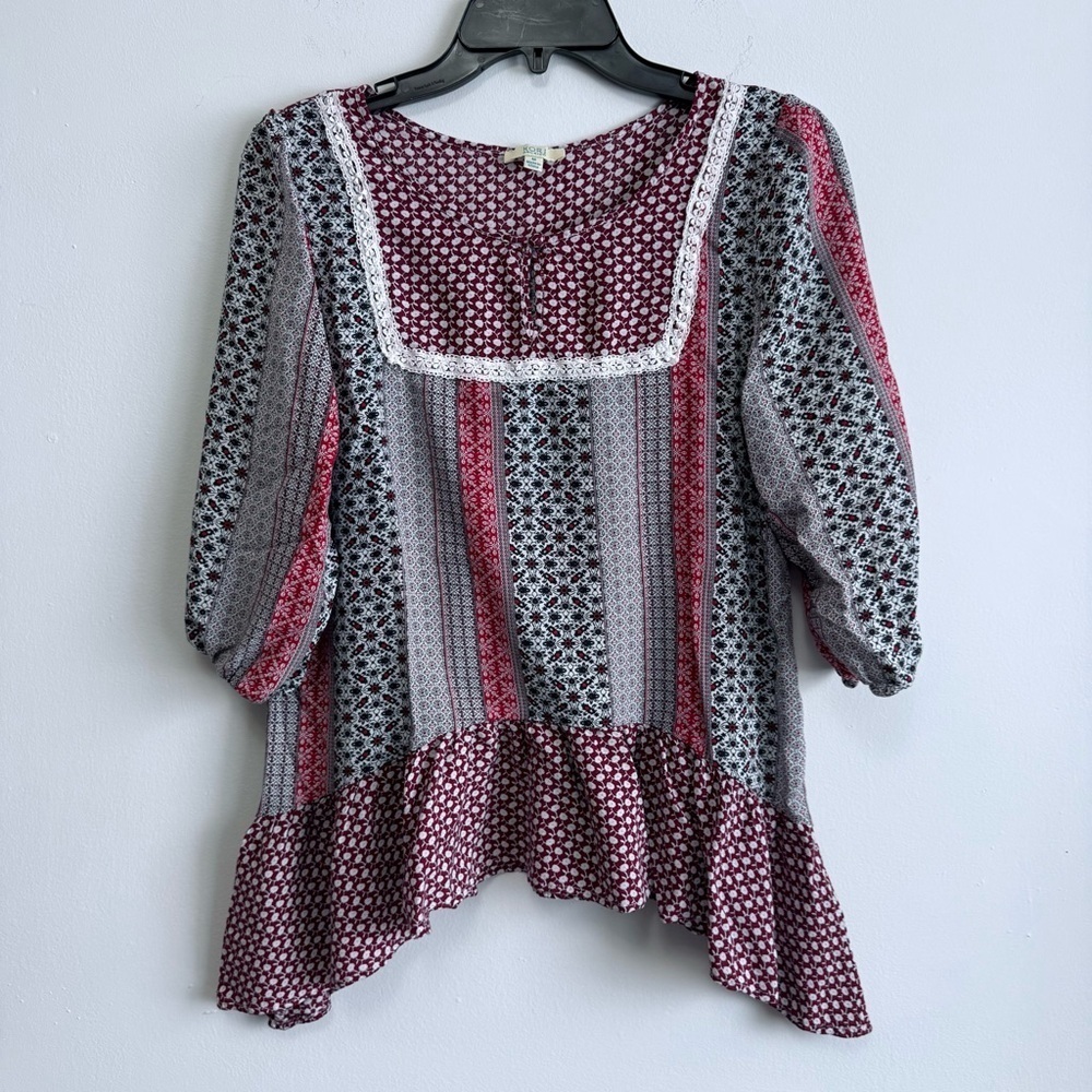 KORI AMERICA Boho Mixed Print Peplum Blouse Burgundy Lace Trim Floral Size M